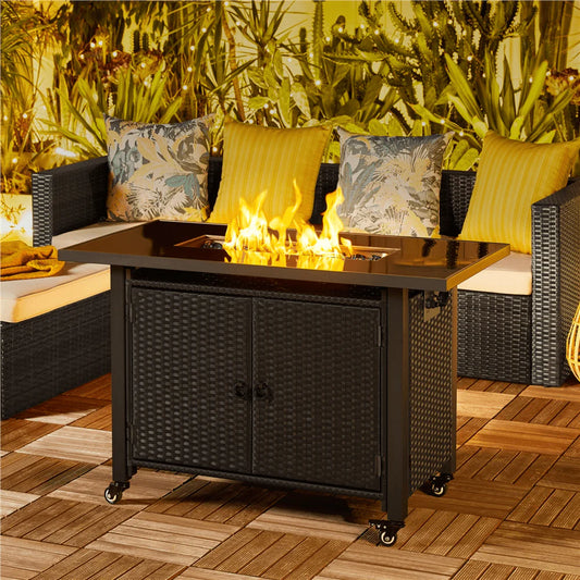 Topeakmart 43" Propane Firepit Table 50,000 BTU Glass Top Gas Fire Pit with Interchangeable Wheels & Feet, Black