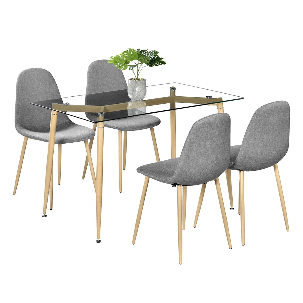 Modern Glass Dinner Table, 8MM Black Tempered Glass Sturdy Table Top, Dining Table Iron Tube Legs w/Wood Pattern, for Home, Kitchens, Dining Rooms, Cafes, Idea for Eating, Work or Play Games, S12700