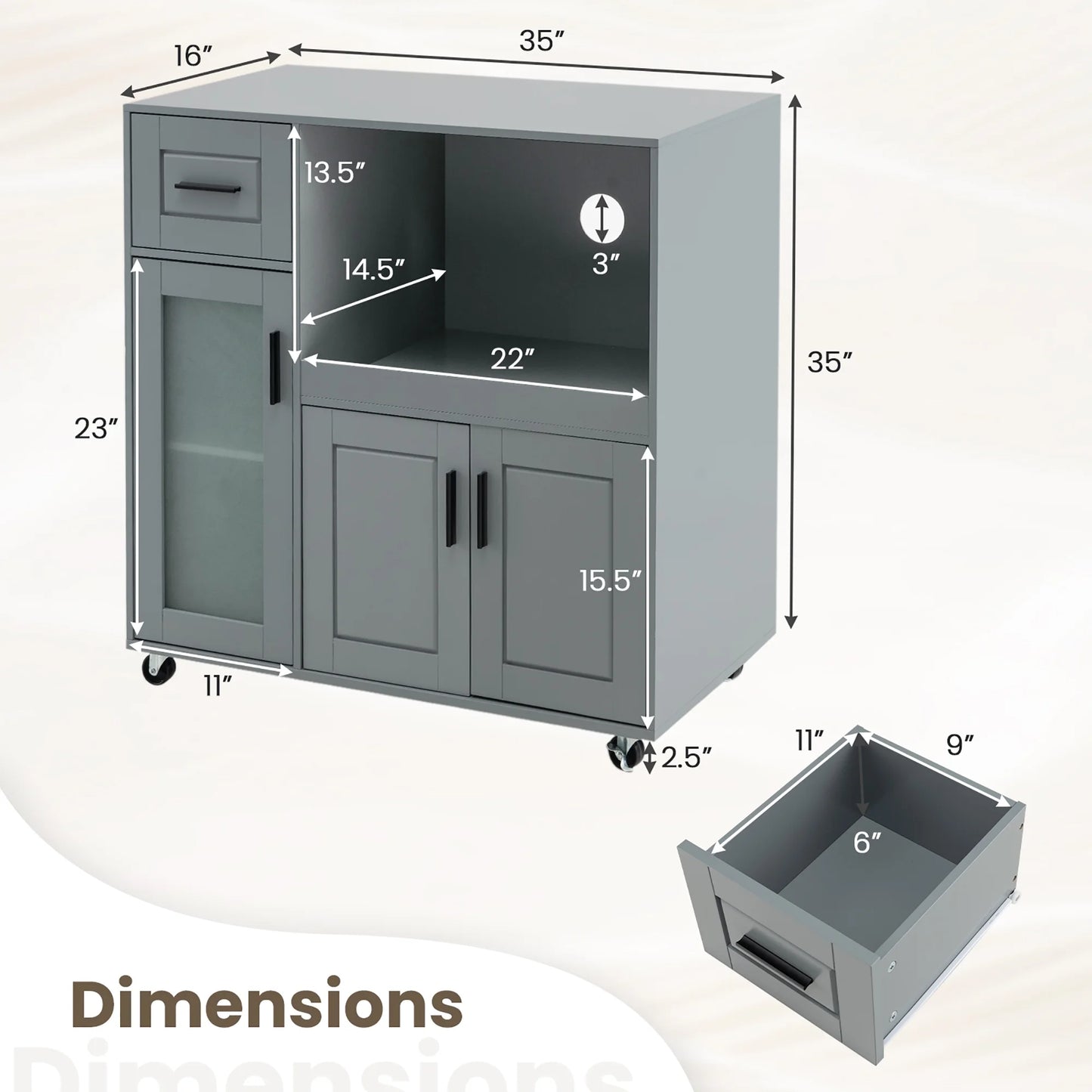 Gymax Kitchen Island Cart on Wheels Microwave Cabinet w/Frosted Tempered Glass Door