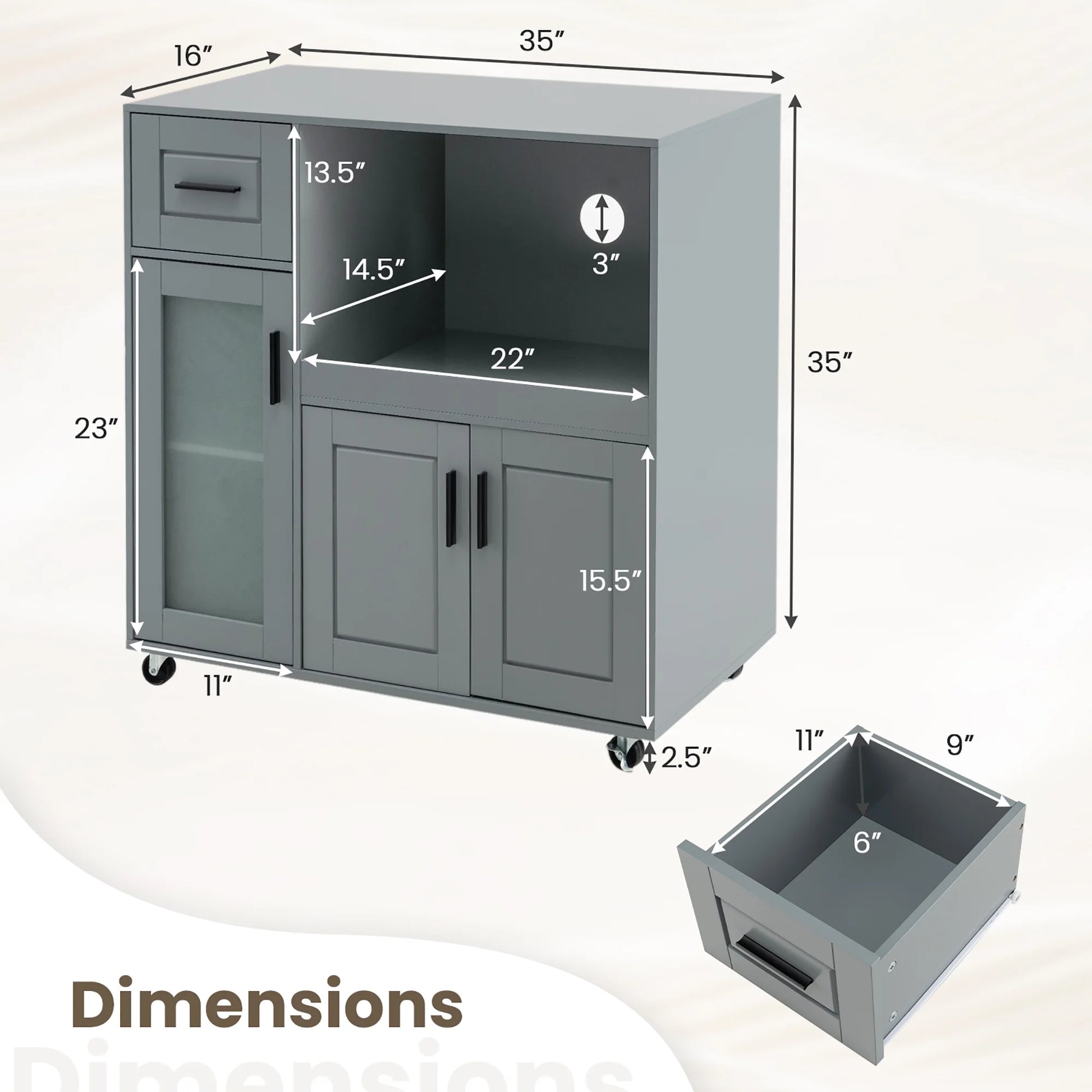 Gymax Kitchen Island Cart on Wheels Microwave Cabinet w/Frosted Tempered Glass Door