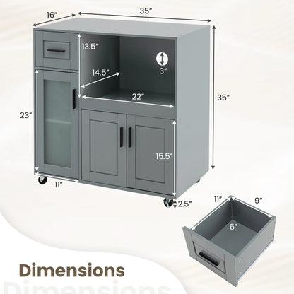 Gymax Kitchen Island Cart on Wheels Microwave Cabinet w/Frosted Tempered Glass Door