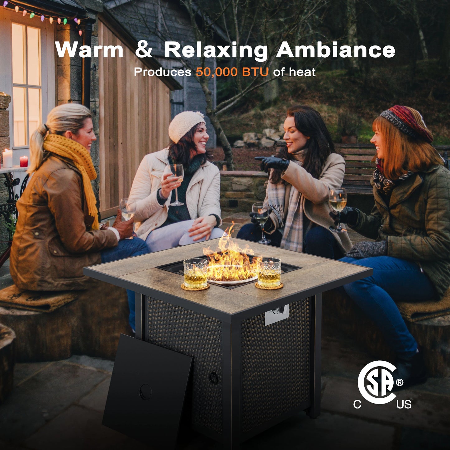 Nuu Garden Square 30" Outdoor Propane Fire Pit Table, 50,000 BTU Gas Fire Pit with Lid, Hand-Woven Wicker, with Glass Beads and CSA Certification