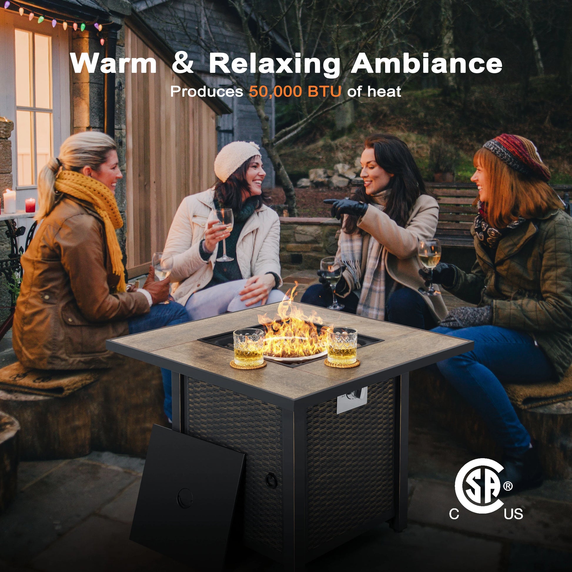 Nuu Garden Square 30" Outdoor Propane Fire Pit Table, 50,000 BTU Gas Fire Pit with Lid, Hand-Woven Wicker, with Glass Beads and CSA Certification