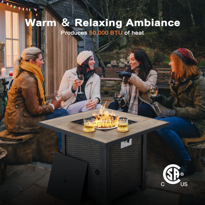 Nuu Garden Square 30" Outdoor Propane Fire Pit Table, 50,000 BTU Gas Fire Pit with Lid, Hand-Woven Wicker, with Glass Beads and CSA Certification