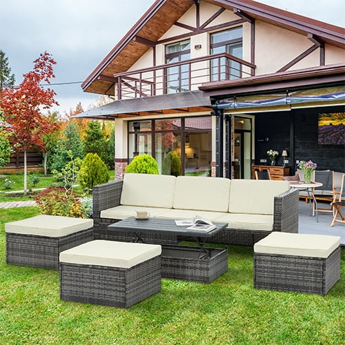 Rattan Patio Sofa Set, 4 Pieces Outdoor Sectional Furniture, All-Weather PE Rattan Wicker Patio Conversation, Cushioned Sofa Set with Glass Table & Storage Box for Patio Garden Poolside Deck