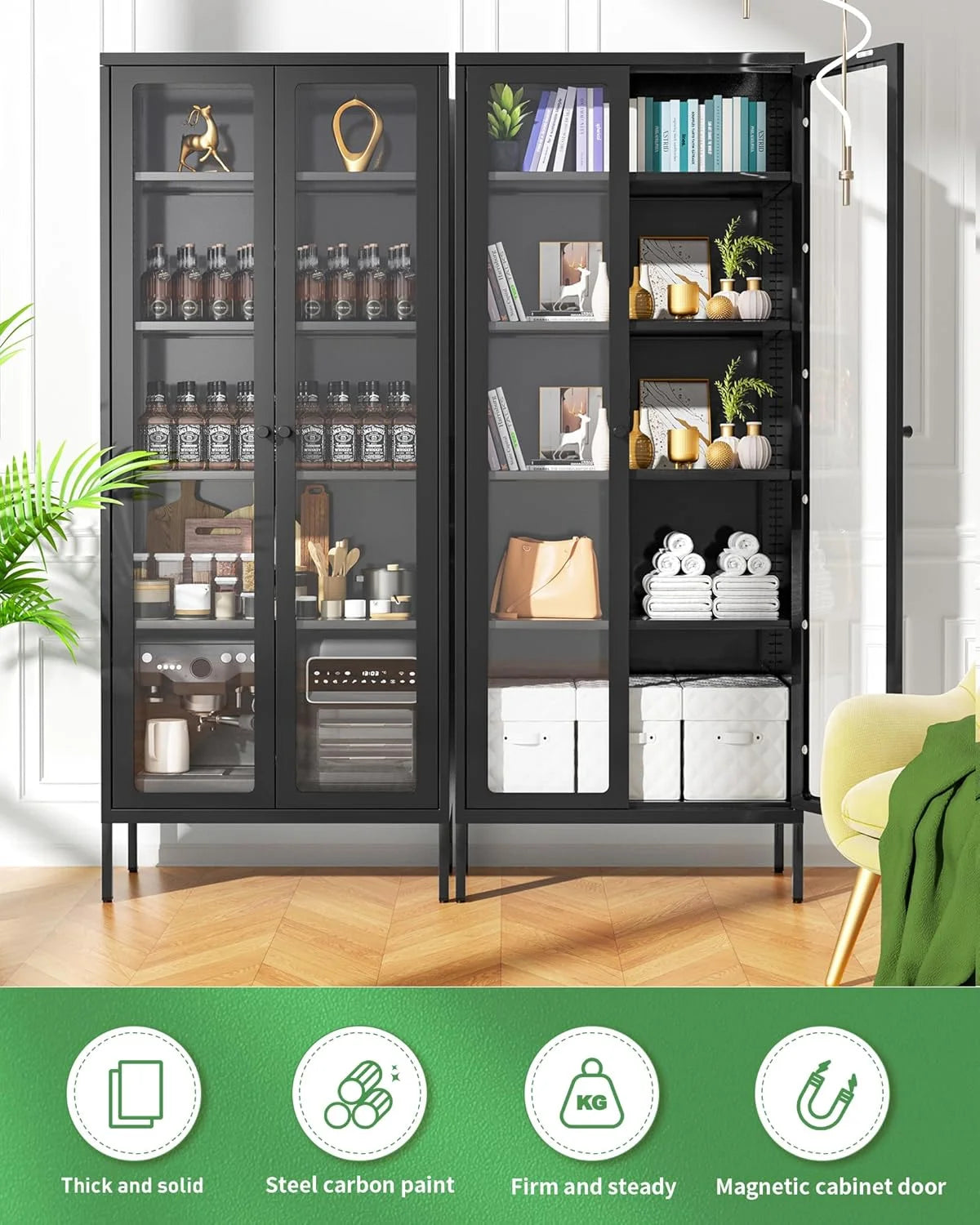 SUNCROWN Metal Storage Cabinet, Curio Display Cabinet with 2 Glass Display Door and 4 Shelves, Side Storage Organize, Modern Bookshelf Cabinet for livingroom, Bedroom, Kitchen, Black