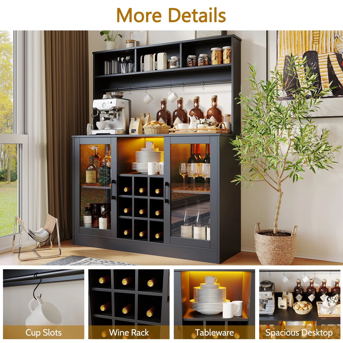 Bar Cabinet with LED Lights, Home Coffee Cabinet with Wine and Glass Rack, Buffet Sideboard with Storage Shelf for Kitchen, Modern Liquor Cabinet for Home, Black