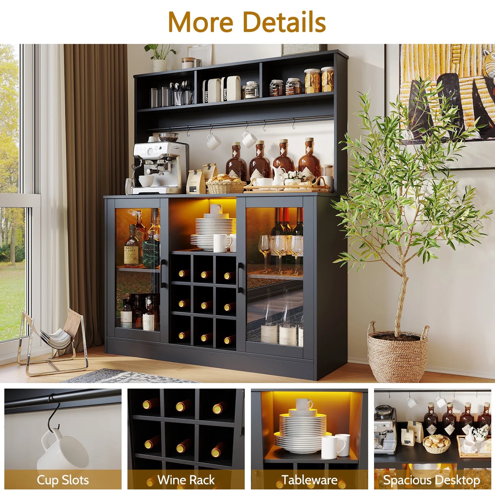 Bar Cabinet with LED Lights, Home Coffee Cabinet with Wine and Glass Rack, Buffet Sideboard with Storage Shelf for Kitchen, Modern Liquor Cabinet for Home, Black