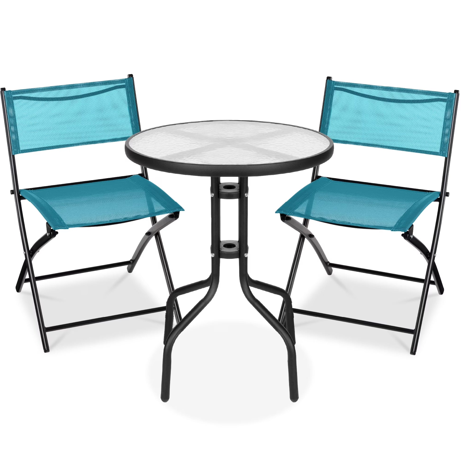 Best Choice Products 3-Piece Patio Bistro Dining Furniture Set w/Glass Tabletop, Folding Chairs - Gray