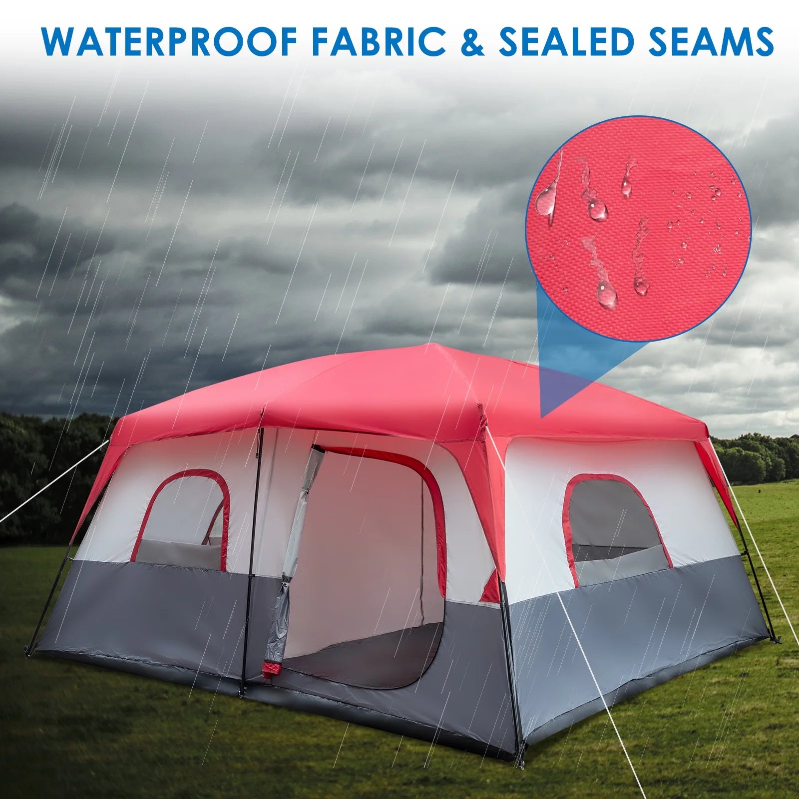 14-Person Camping Tent - 14'x14' (430x430cm) Family Dome Tent with Fiberglass Poles, Waterproof Polyester - Red/White