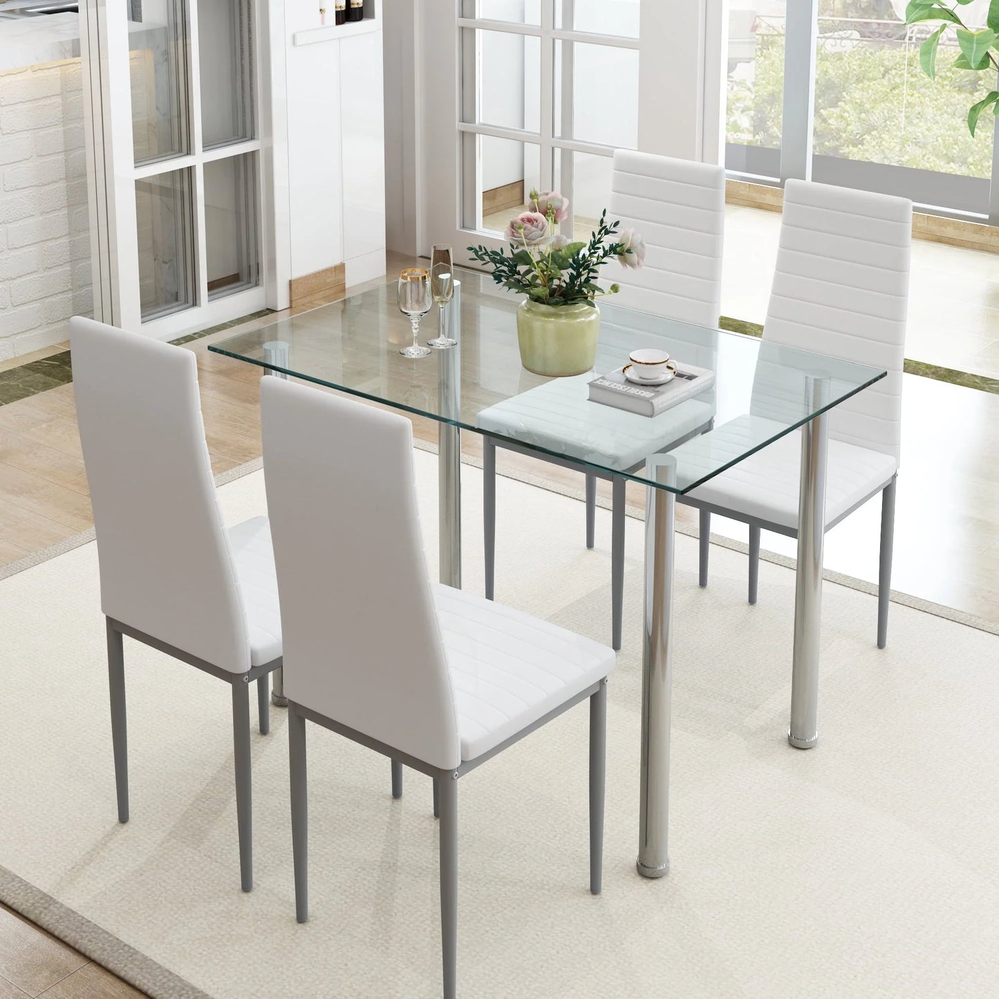 uhomepro White Kitchen Table Set, 5 Pieces Dining Table Set, Tempered Glass Dining Table and Chairs Set for 4, Upgraded Iron Dining Room Table Set with 4 PU Leather Chairs