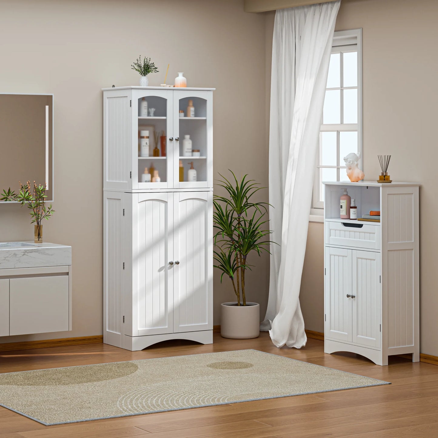 Pantry Cabinet, Lofka 64" Kitchen Pantry Storage Cabinet with Frosted Glass Doors and 14 Shelves, White