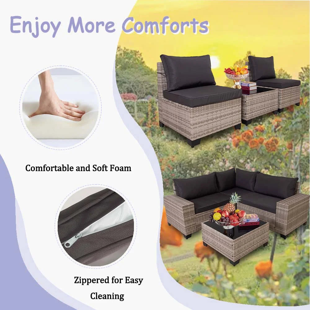 HISUKOY 7-Piece Wicker Modular All Weather Outdoor Conversation Sets with Washable Cushions and Glass Table