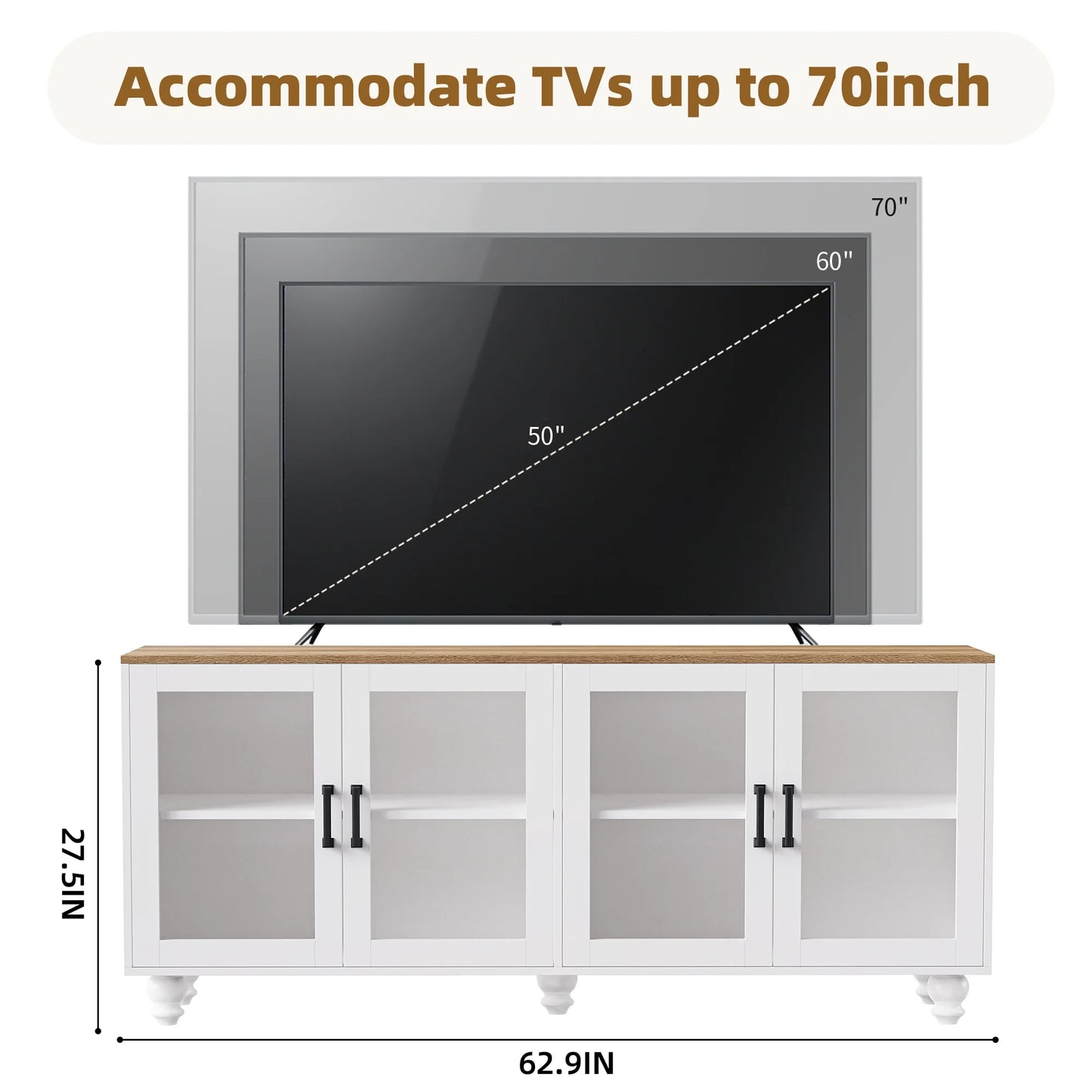 Furvclv Entertainment Center With Bookshelves For TVs Up To 70", Modern Wall Unit TV Stand Cabinets With Adjustable Shelves And Tempered Glass Door, Gourd-shaped Legs Supports
