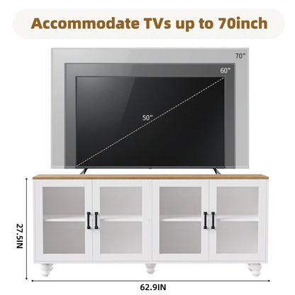 Furvclv Entertainment Center With Bookshelves For TVs Up To 70", Modern Wall Unit TV Stand Cabinets With Adjustable Shelves And Tempered Glass Door, Gourd-shaped Legs Supports