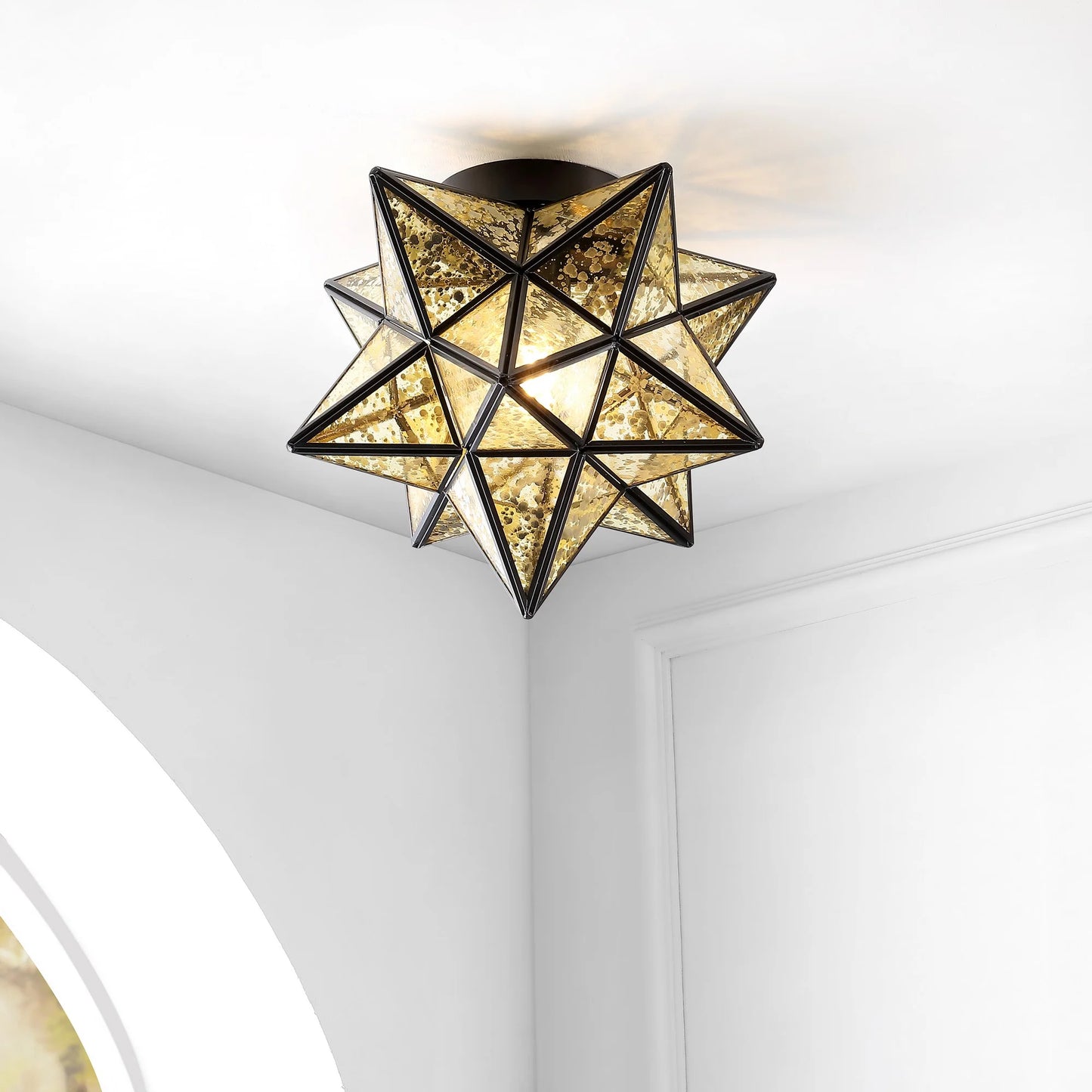 JONATHAN Y Stella 12" Moravian Star Metal/Mercury Glass LED Flush Mount, Oil Rubbed Bronze