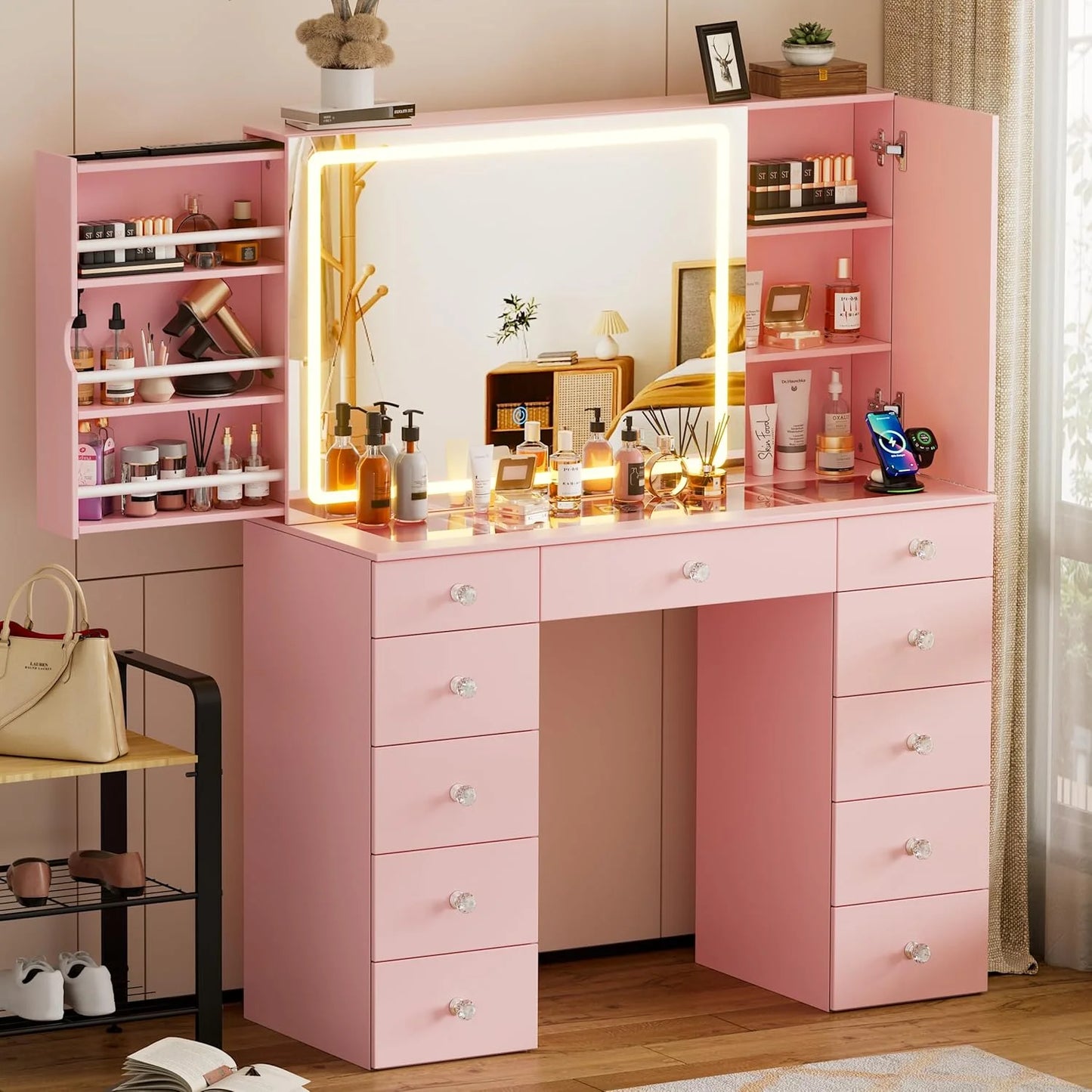 PAKASEPT Vanity Set with Lighted Mirror, Large Vanity Desk with Charging Station, Makeup Vanity Table with 11 Drawers & Hidden Sliding Storage Cabinet & Visible Glass Tabletop for Bedroom (White)