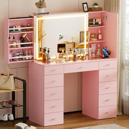 PAKASEPT Vanity Set with Lighted Mirror, Large Vanity Desk with Charging Station, Makeup Vanity Table with 11 Drawers & Hidden Sliding Storage Cabinet & Visible Glass Tabletop for Bedroom (White)