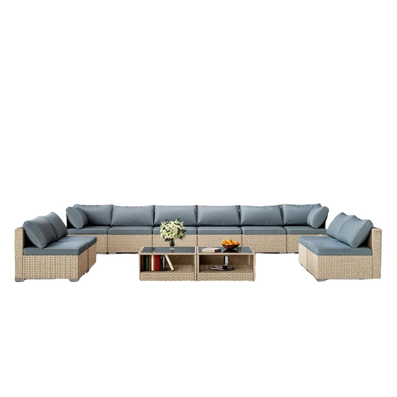 12-Piece Outdoor Wicker Patio Sectional Sofa Set with Cushions and Glass Coffee Table, Modular Design