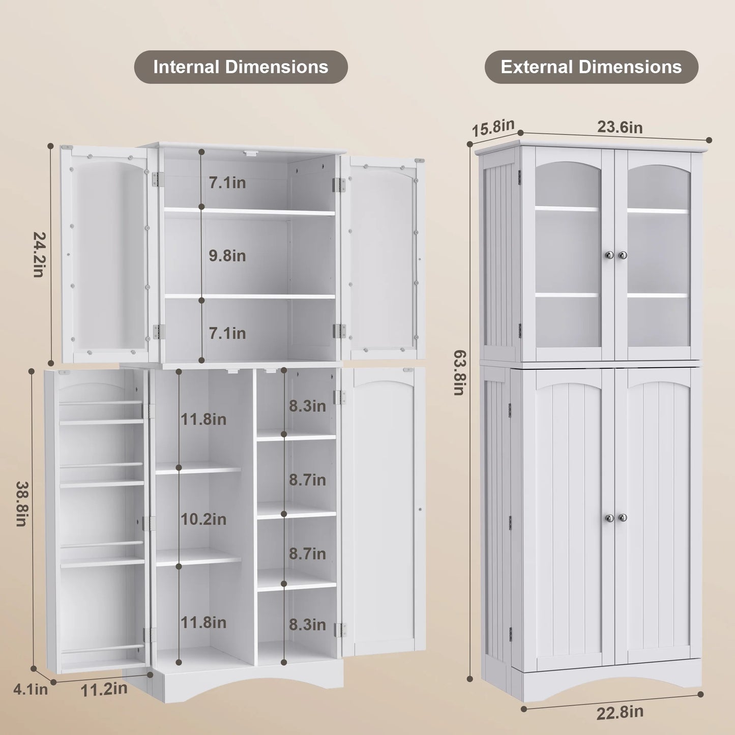 Pantry Cabinet, Lofka 64" Kitchen Pantry Storage Cabinet with Frosted Glass Doors and 14 Shelves, White