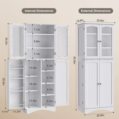 Pantry Cabinet, Lofka 64" Kitchen Pantry Storage Cabinet with Frosted Glass Doors and 14 Shelves, White