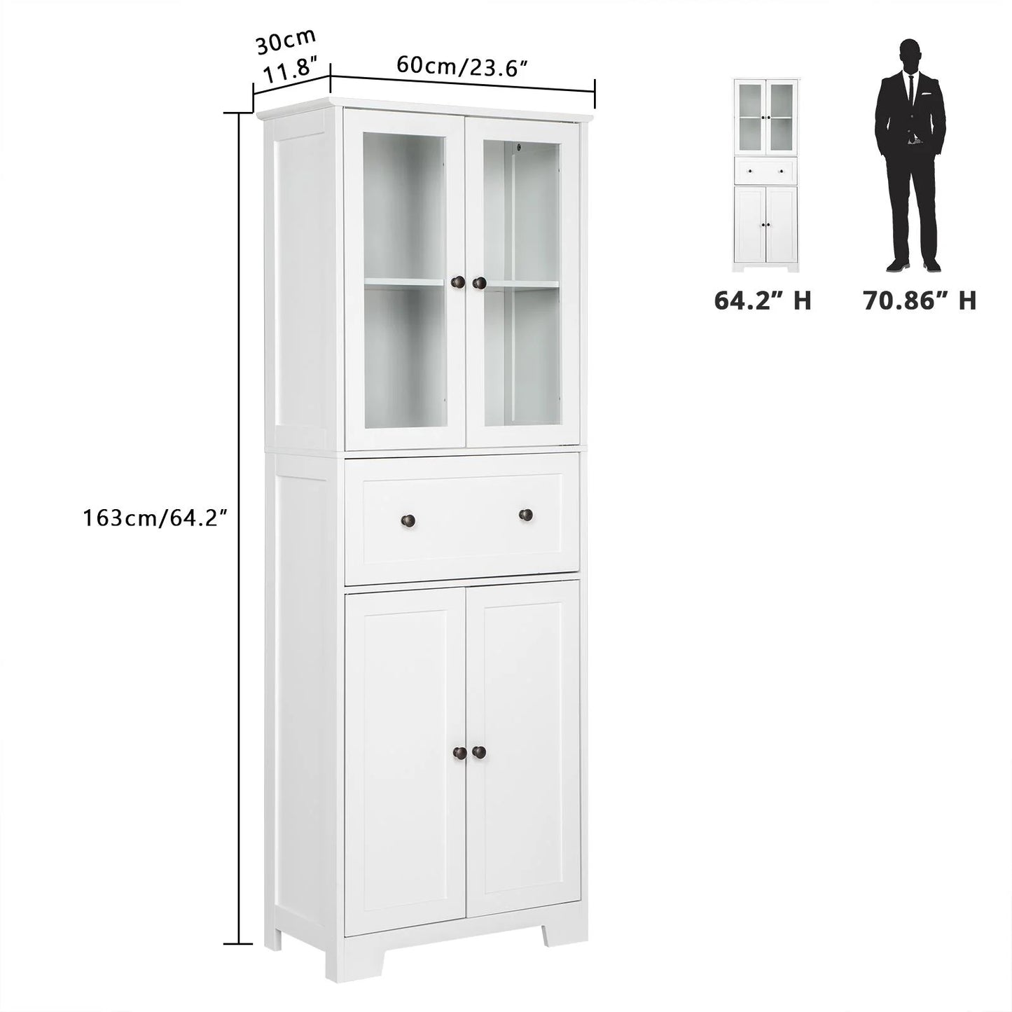 UBesGoo 64"H Pantry Cabinet, Tall Bathroom Closet Storage Organizer, with 2 Glass Doors Cabinets & Large Drawer, for Kitchen Living Room Bedroom Laundry Room Entryway Office, White