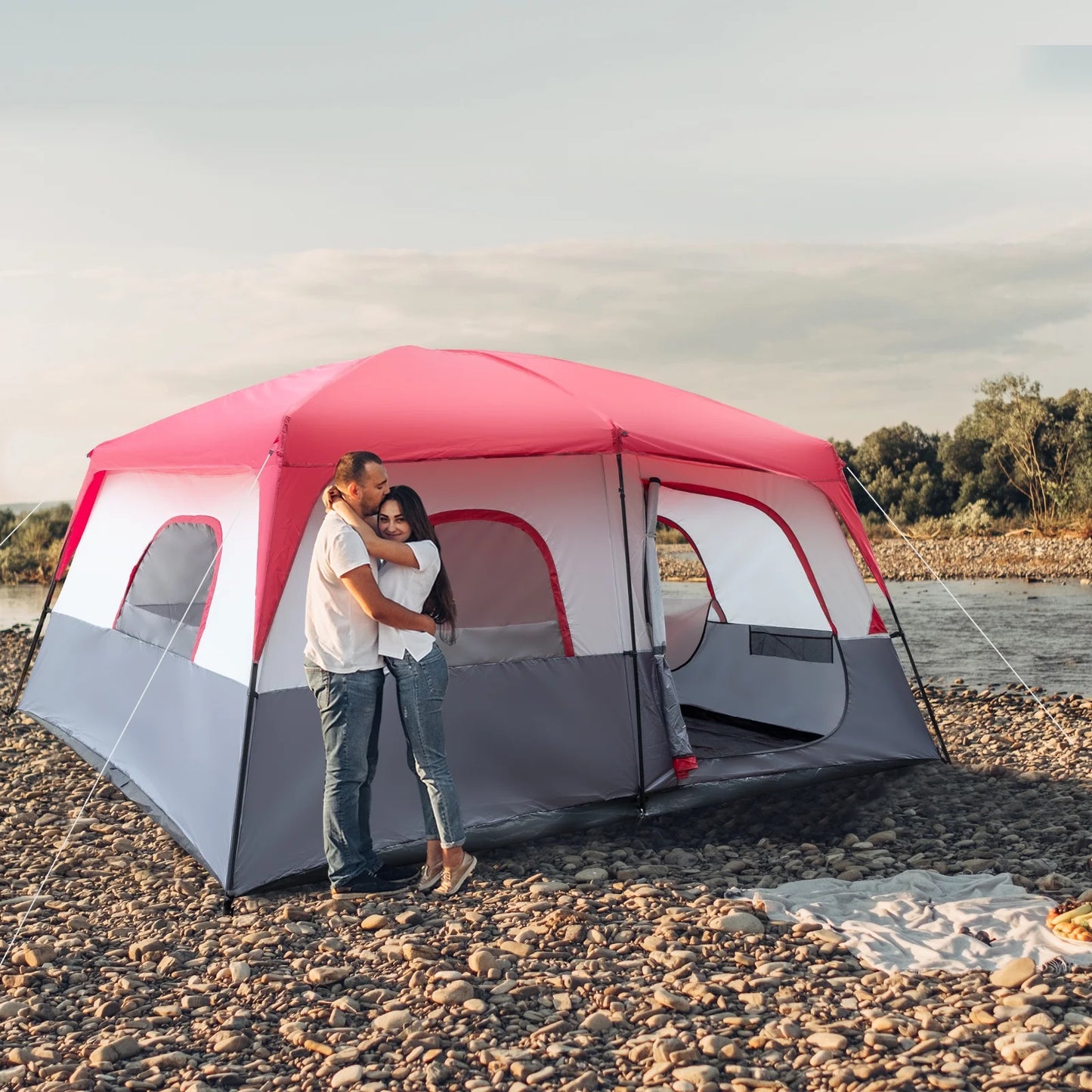 14-Person Camping Tent - 14'x14' (430x430cm) Family Dome Tent with Fiberglass Poles, Waterproof Polyester - Red/White
