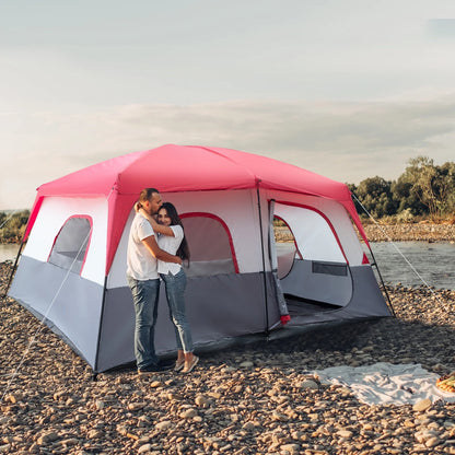 14-Person Camping Tent - 14'x14' (430x430cm) Family Dome Tent with Fiberglass Poles, Waterproof Polyester - Red/White