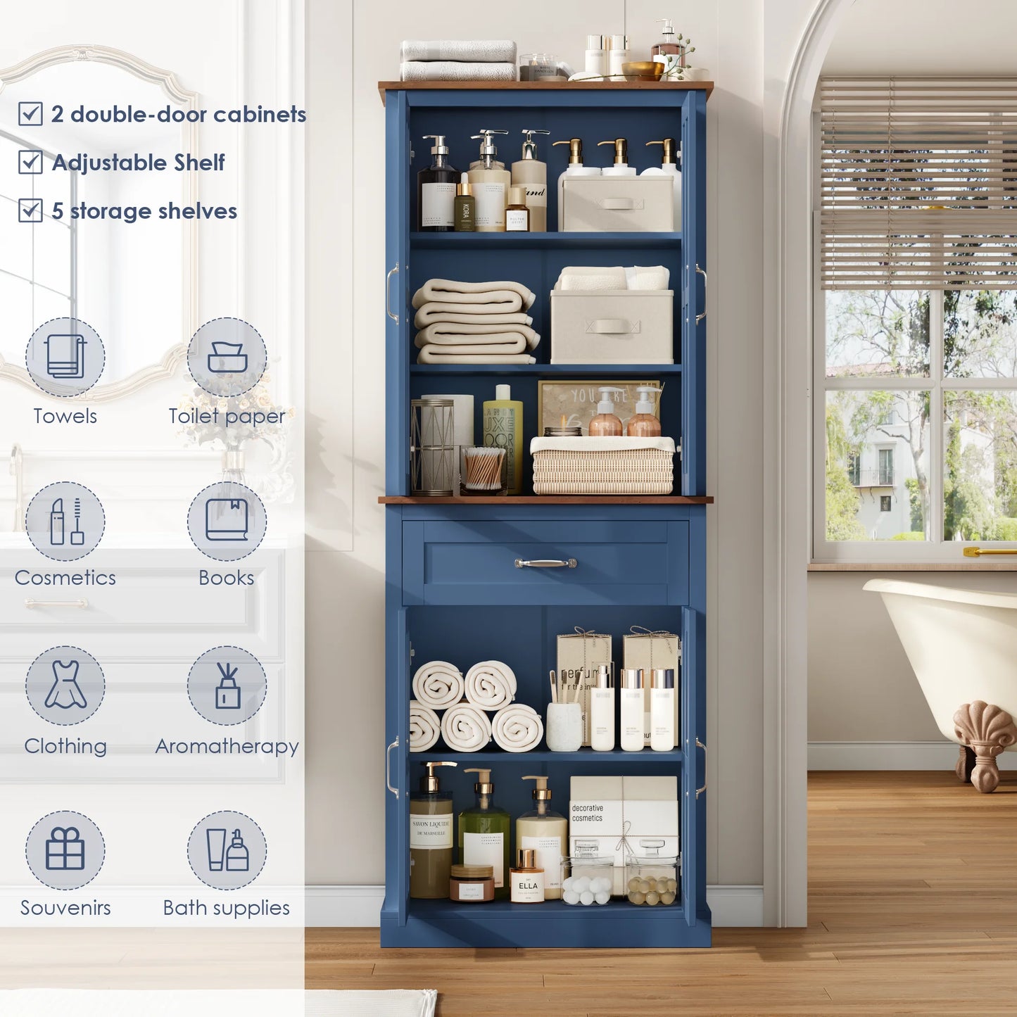 Homfa 71" Tall Bathroom Cabinet with Glass Doors, Freestanding Linen Cabinet with Drawer & Adjustable Shelves, Blue