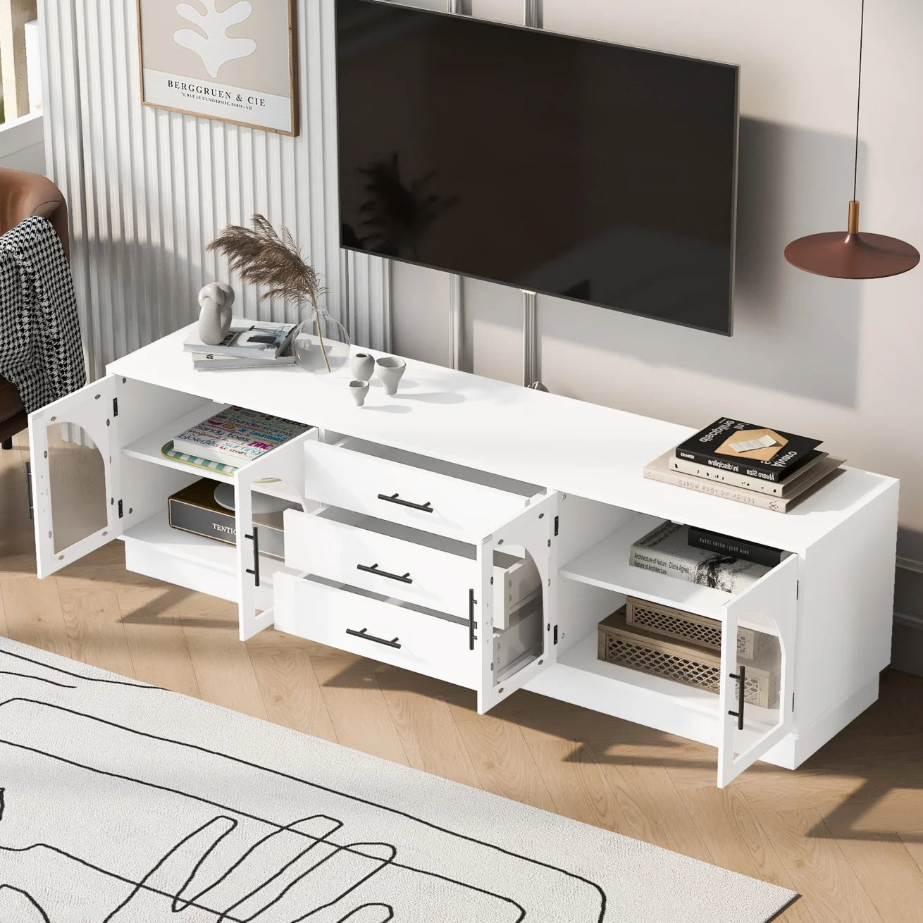 TV Stand for 75 Inch TV, Entertainment Center with Storage Cabinets and 3 Drawers, Media Console Cabinet with Adjustable Shelves and Glass Doors for Living Room, Black