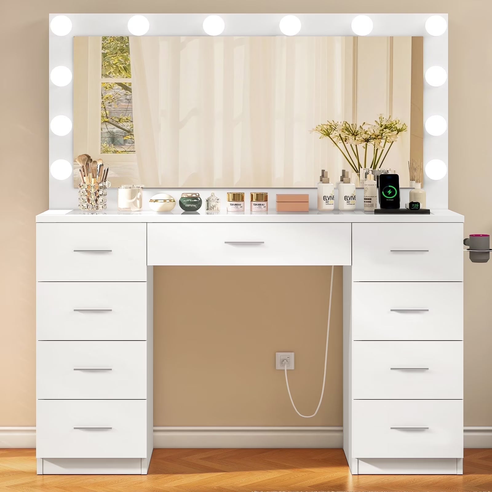 TEENFON 46" Vanity Desk with Large Lighted Mirror and Power Outlet, Makeup Vanity with 9 Drawers and Glass Desktop, Vanity Table for Bedroom, White