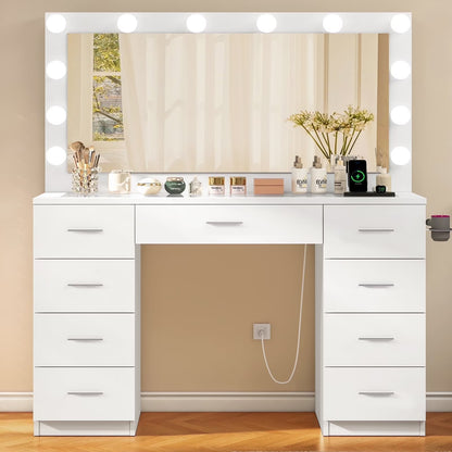 TEENFON 46" Vanity Desk with Large Lighted Mirror and Power Outlet, Makeup Vanity with 9 Drawers and Glass Desktop, Vanity Table for Bedroom, White