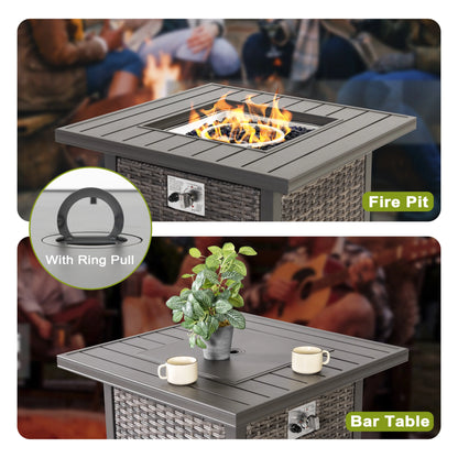 Nuu Garden Square 30" Outdoor Propane Fire Pit Table, 50,000 BTU Gas Fire Pit with Lid, Hand-Woven Wicker, with Glass Beads and CSA Certification