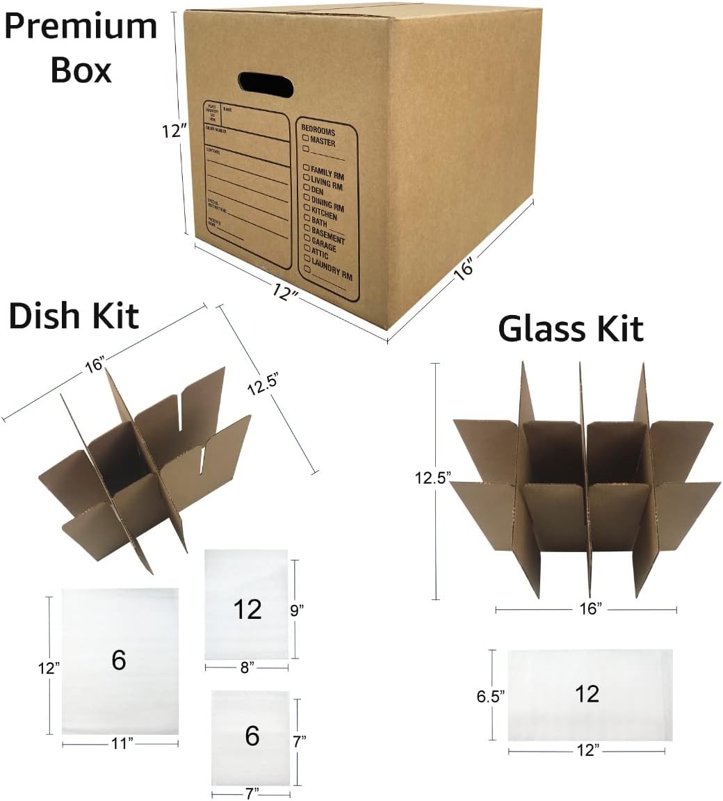 Kitchen Moving Box & Supplies Kit #1 4 Boxes with Dish/Glass Inserts