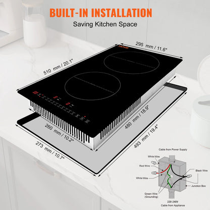 KFFKFF 12'' Built-in Induction Electric Stove Top ,2 Burners Multifunctional Burner Electric Cooktop,9 Heating Level & Sensor Touch Control, Easy to Clean Ceramic Glass Surface