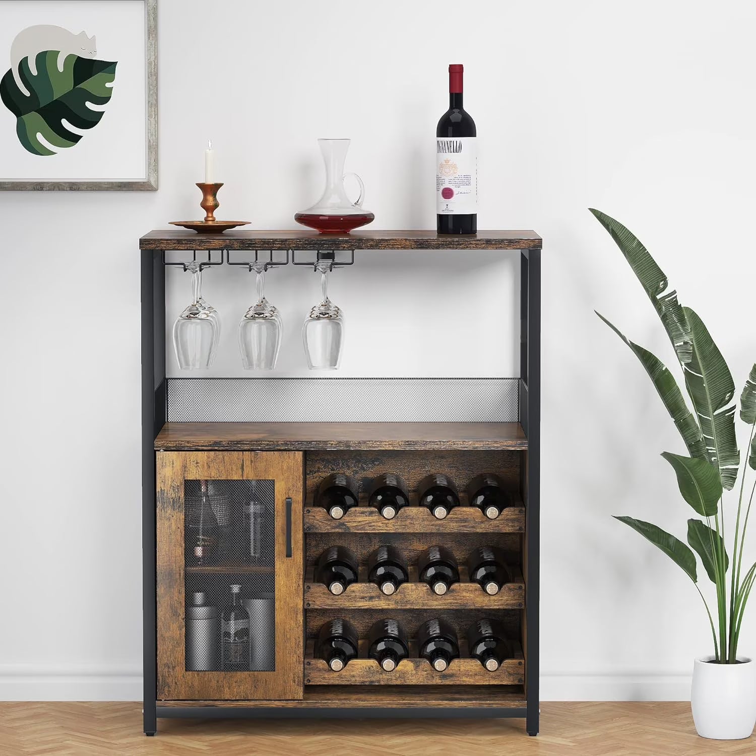 Homhougo Wine Bar Cabinet with Removable Wine Racks and 1 Drawer,Bar Cabinet with Glass Holder and Mesh Door for Liquor and Glasses (Grey)