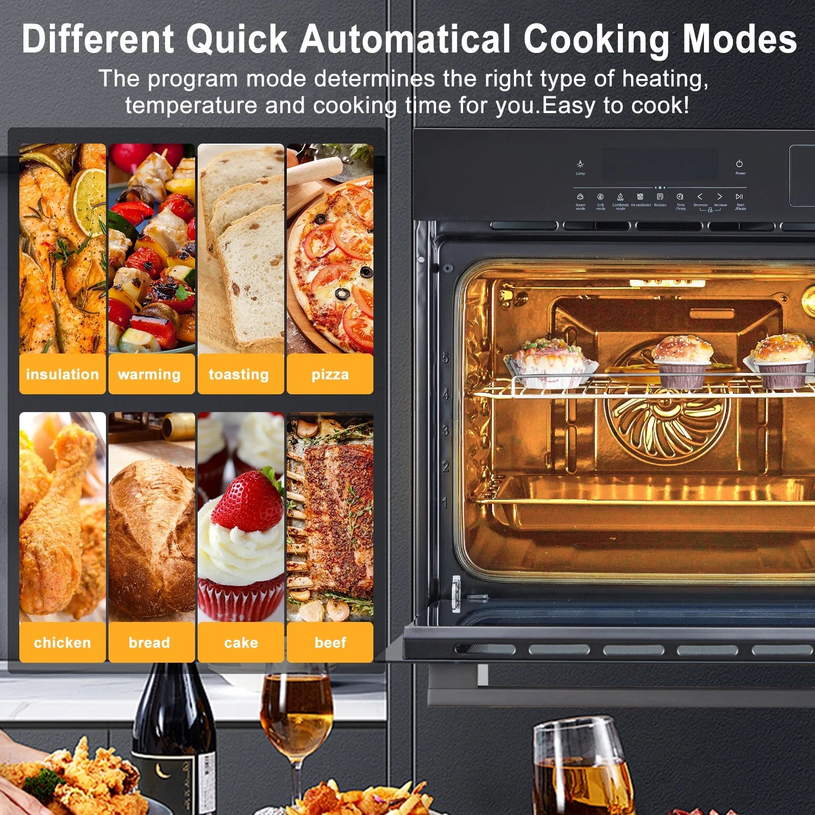 24" Electric Single Wall Oven - 70L Convection Oven with Air Frying, 2.5Cu.ft with 8 Baking Modes, 3D Surround Heating, Double-Layered Glass Door, Touch Control, Timer