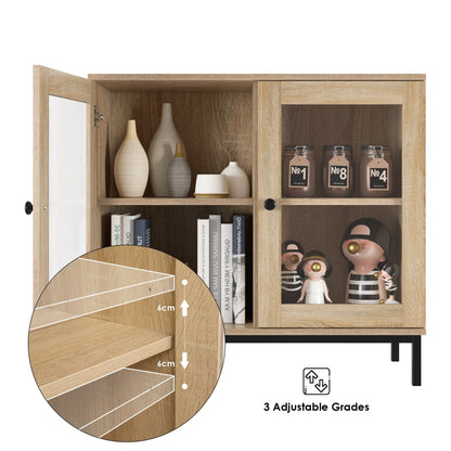 Homfa Wide Accent Cabinet with Glass Doors, Adjustable Shelves Display Cabinet with Metal Base, Oak