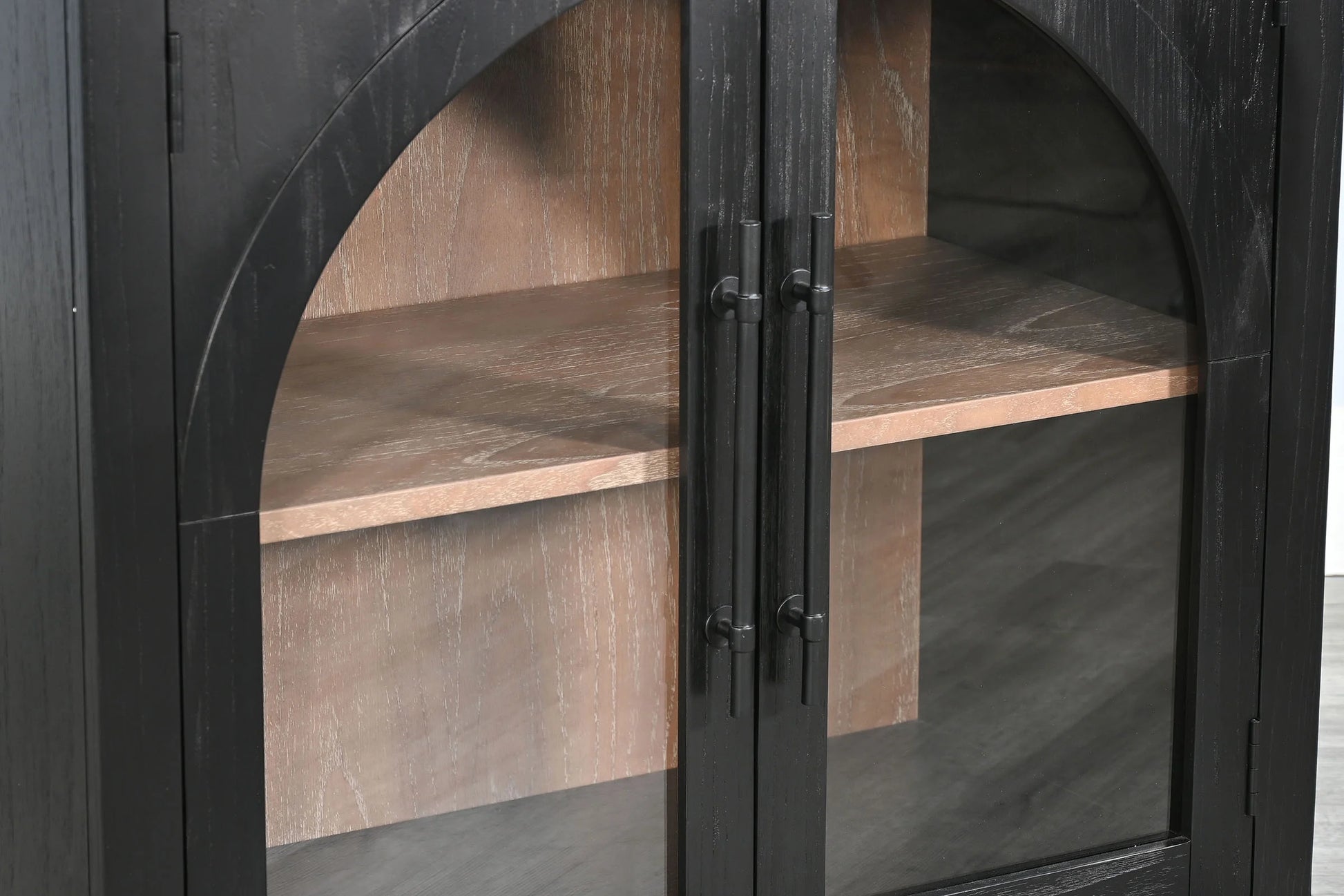 Sunny Designs Elena Small Black Wood Cabinet with Arched Glass Doors
