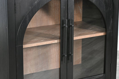 Sunny Designs Elena Small Black Wood Cabinet with Arched Glass Doors