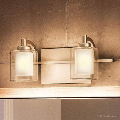 Urban Ambiance Luxury Modern Bathroom Vanity Light, Medium Size: 6"H x 13"W, with Posh Style Elements, Brushed Nickel Finish and Sand Blasted Inner Glass, Clear Outer Glass, UQL2400
