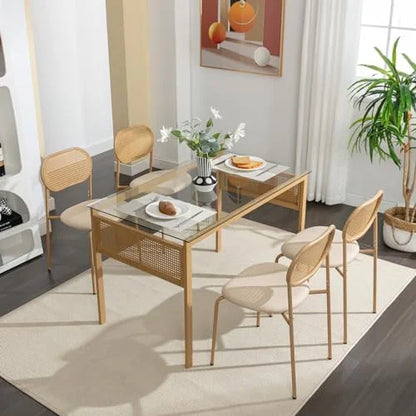 Boho 47 in Dining Table, Tempered Glass Tabletop with Rattan, Metal Legs, for Kitchen Dinner Living Room Reception