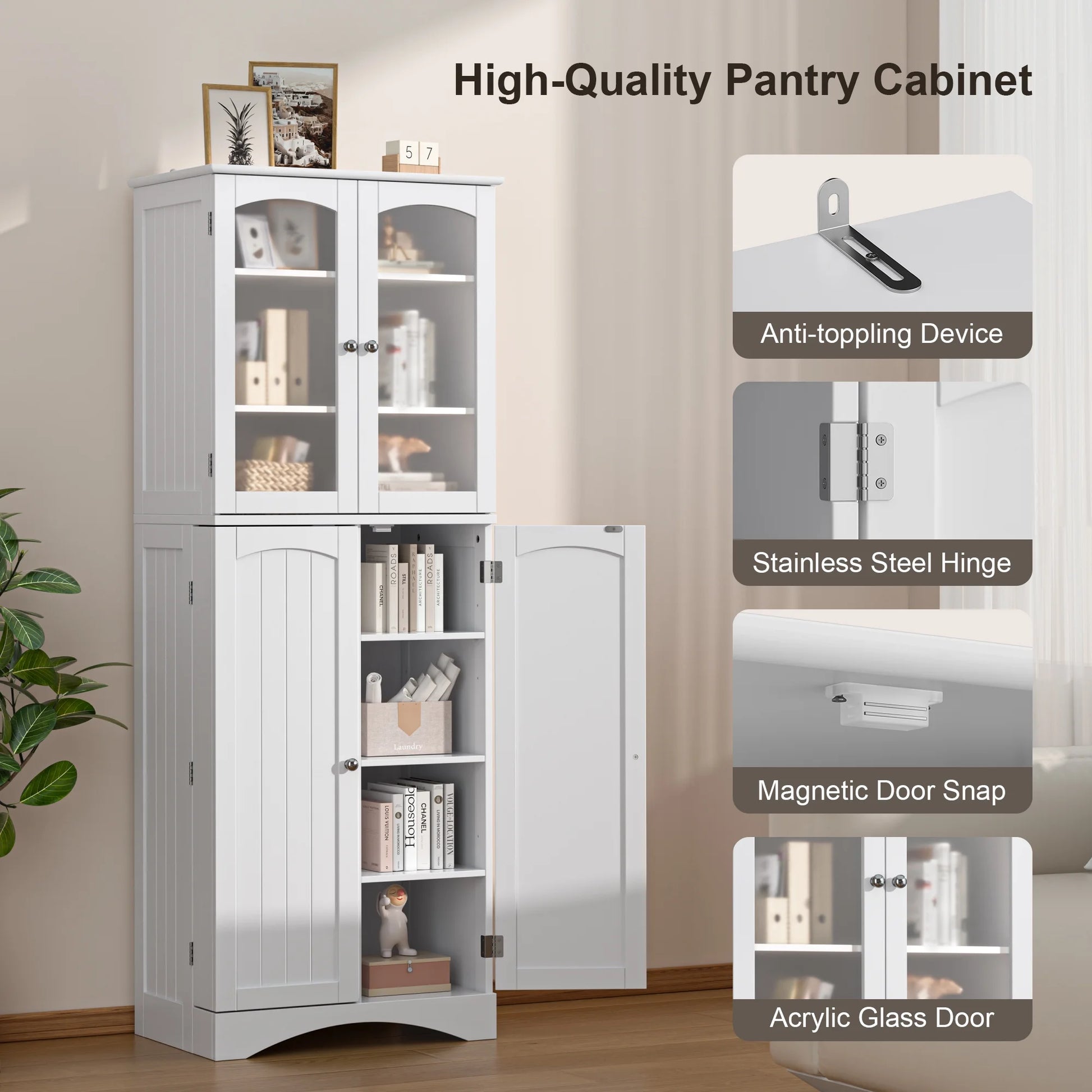 Pantry Cabinet, Lofka 64" Kitchen Pantry Storage Cabinet with Frosted Glass Doors and 14 Shelves, White