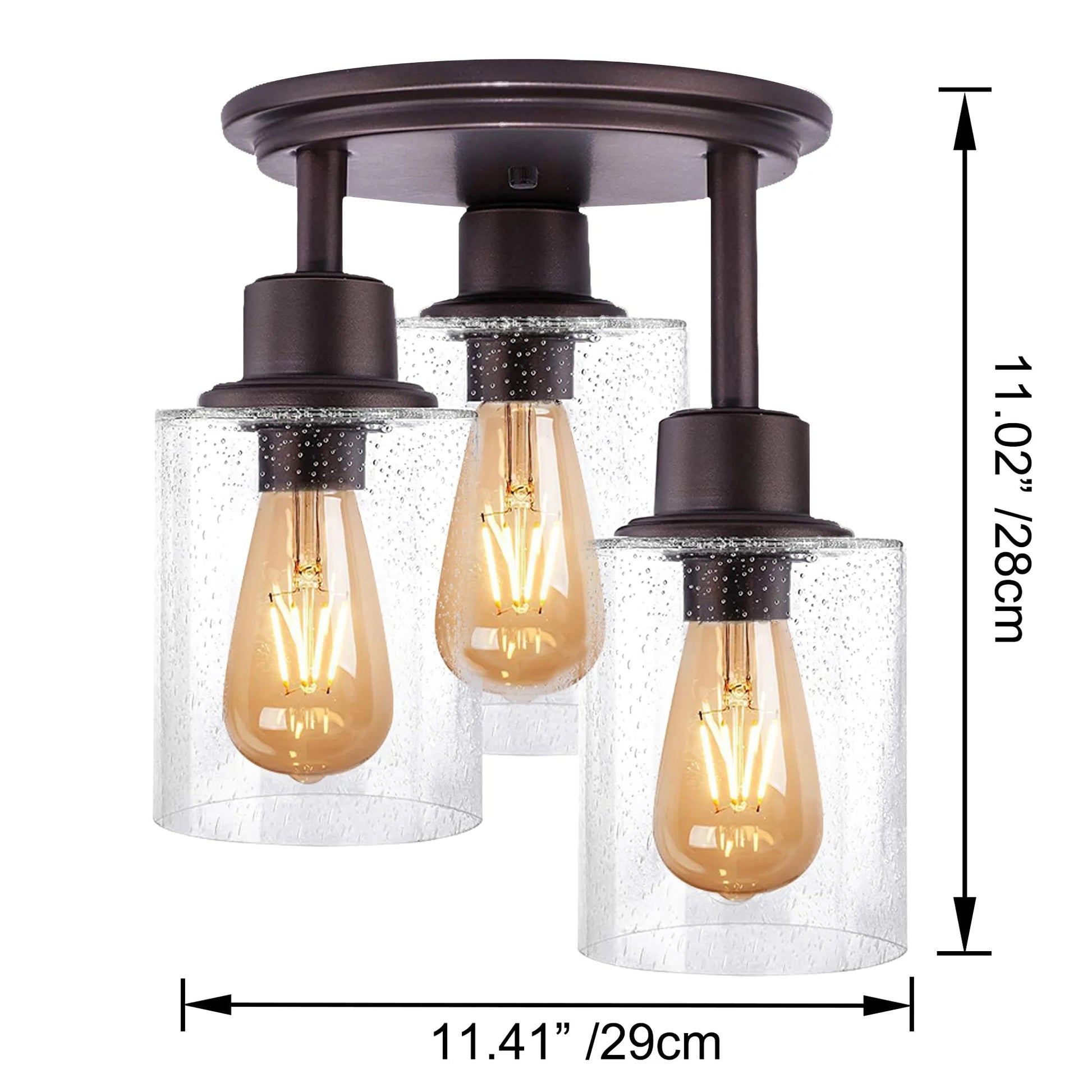 FSLiving 3-Head Glass Hanging Light with 15ft Plug-in Cord Brown Decorative Plug In Ceiling Light Remote Control Hallway Pendant Light,Industrial Semi Flush Mount for Living Roon Bedroom