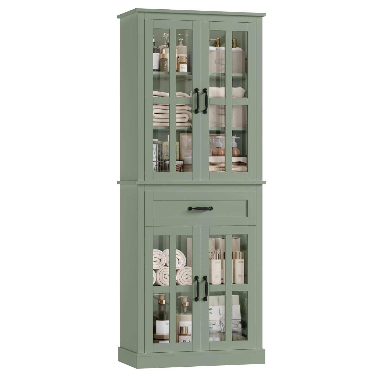 Homfa 71" Tall Bathroom Cabinet with Glass Doors, Freestanding Linen Cabinet with Drawer & Adjustable Shelves, Blue