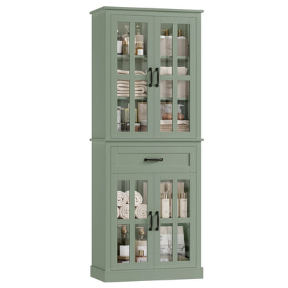 Homfa 71" Tall Bathroom Cabinet with Glass Doors, Freestanding Linen Cabinet with Drawer & Adjustable Shelves, Blue