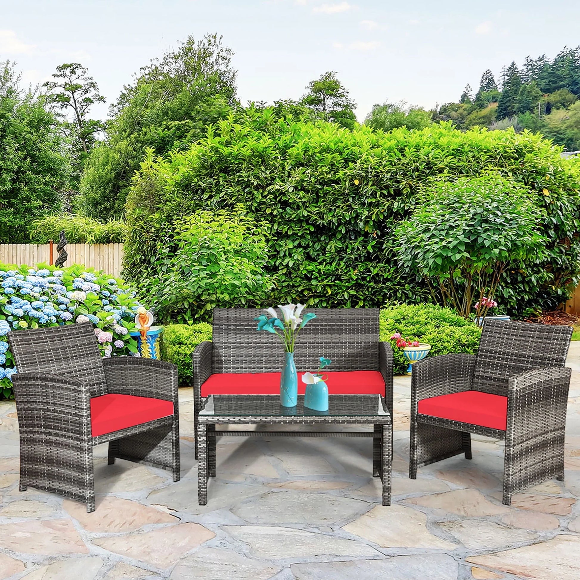 Costway 4PCS Patio Rattan Conversation Glass Table Top Cushioned Sofa Red