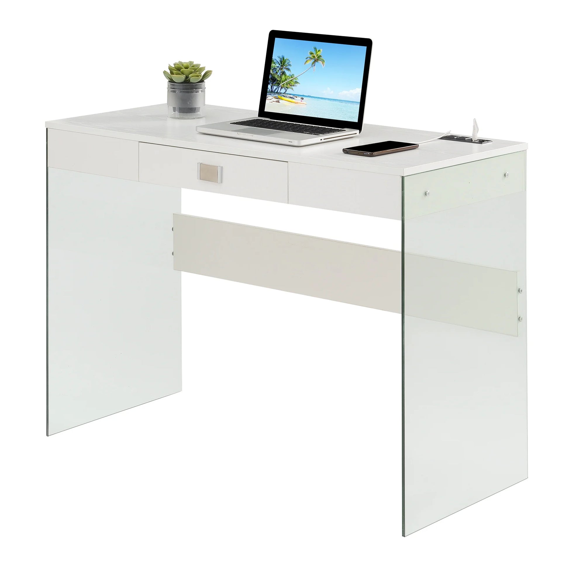 Convenience Concepts SoHo 30"H 42" W Glass Desk with Charging Station, White/Glass, All Ages