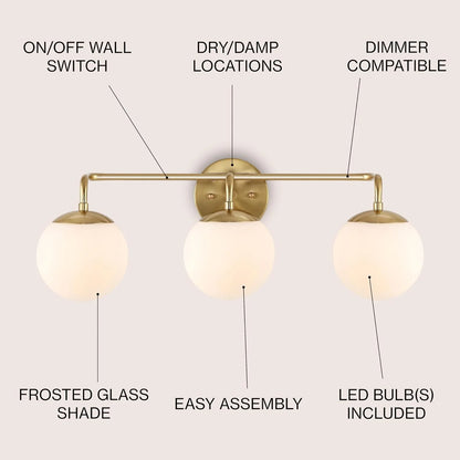 JONATHAN Y JYL3536A Parisian Globe 25" 3-Light Metal/Frosted Glass Modern Contemporary LED Vanity Midcentury Glam 2700K LED 4W Bulbs Entryway Lobby Kitchen Bathroom Bedroom Hallway, Brass Gold