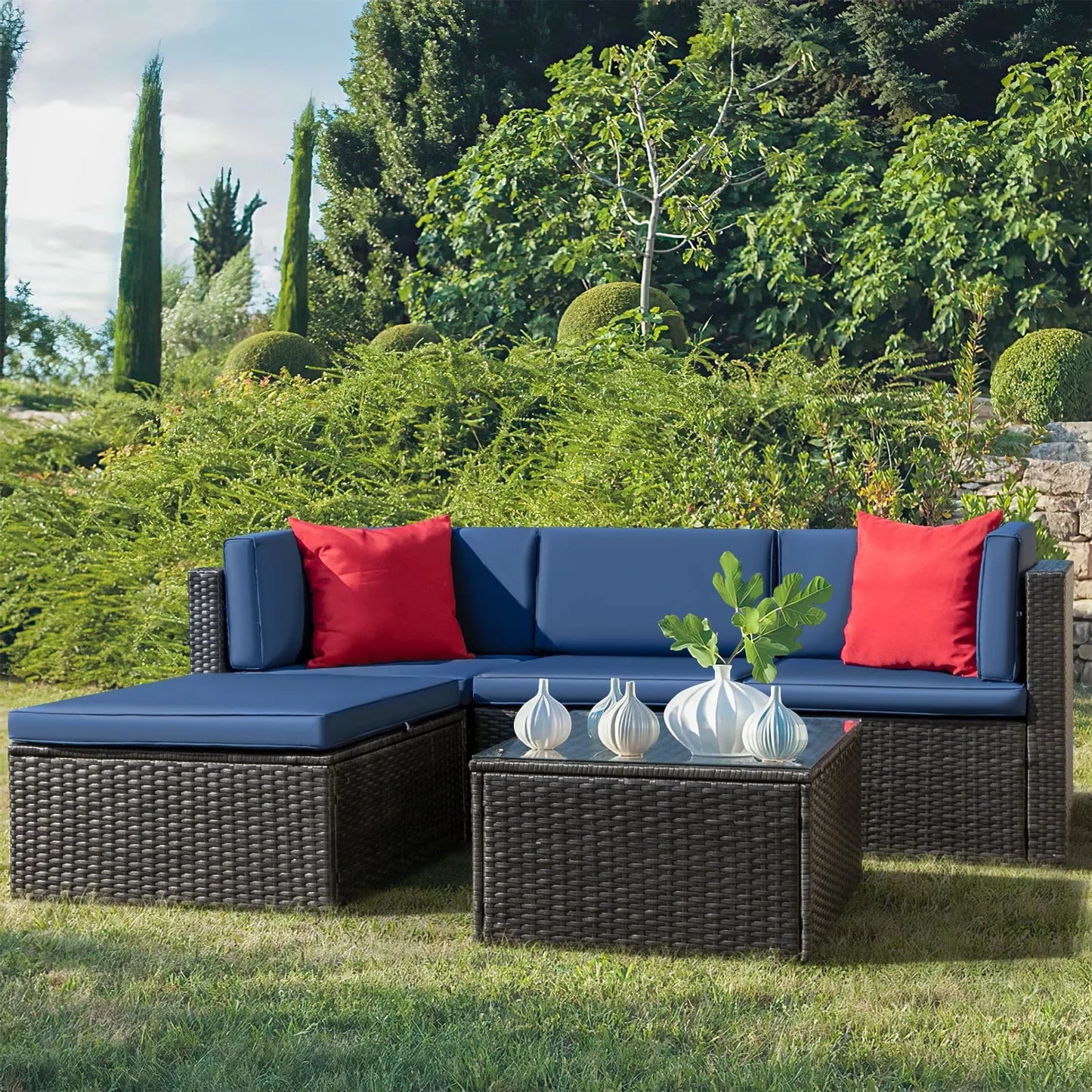 Devoko 5 Pieces Patio Furniture Sectional Set Outdoor Wicker Rattan Sofa Set Backyard Couch Conversation Sets with Pillow Cushions and Glass Table, Navy Blue
